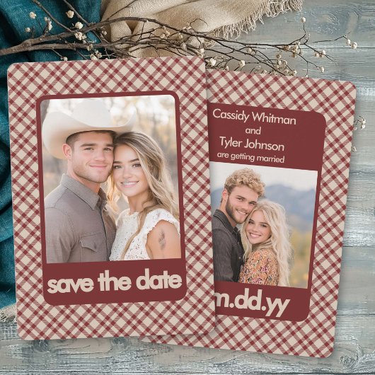 Rustieke Retro Bruine Gingham Western Multi Foto Save The Date