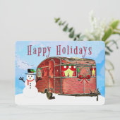 Rustieke Retro Caravan Reisaanhanger met Sneeuwman Feestdagenkaart (Staand voorkant)