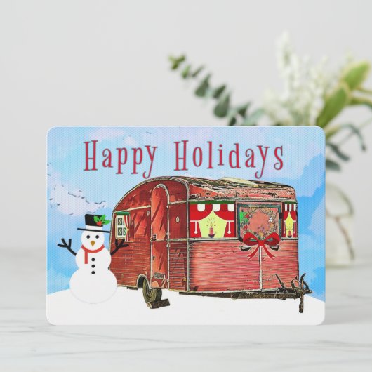 Rustieke Retro Caravan Reisaanhanger met Sneeuwman Feestdagenkaart (Staand voorkant)