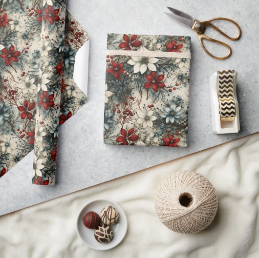 Rustieke  retro classic kerst poinsettia cadeaupapier (Crafts)