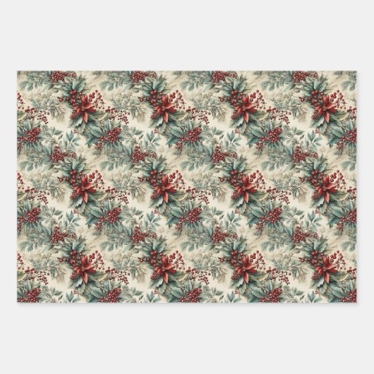 Rustieke  retro classic kerst poinsettia inpakpapier vel (Voorkant 3)