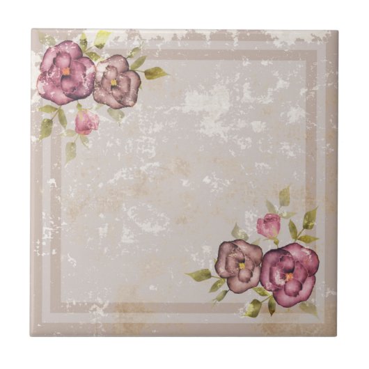 Rustieke retro grunge beige textuur bloemen rozen  tegeltje (Voorkant)