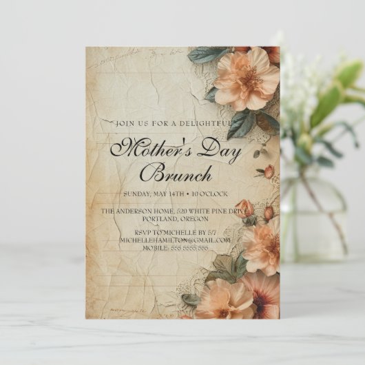 Rustieke Retro Style Moederdag Brunch uitnodiging (Staand voorkant)