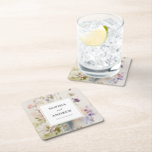 Rustieke Retro Waterverf Wildbloemen Bruiloft Kartonnen Onderzetters (Insitu)
