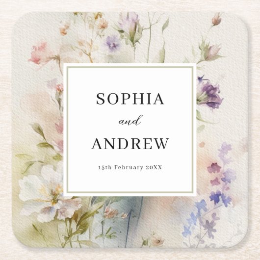 Rustieke Retro Waterverf Wildbloemen Bruiloft Kartonnen Onderzetters (Voorkant)