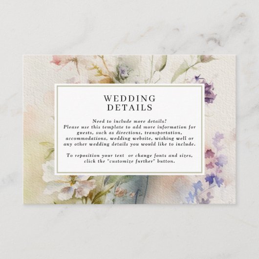 Rustieke Retro Waterverf Wildflower bruiloft detai Informatiekaartje (Voorkant)