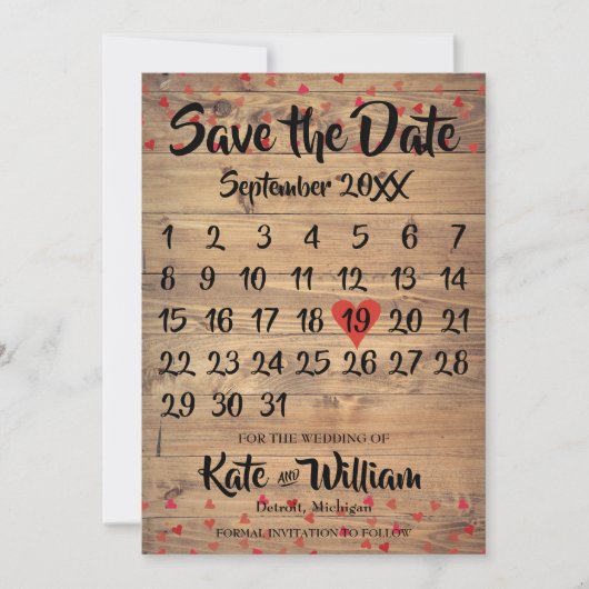 Rustieke Robijnrode Liefdeshartkalender Bewaar de  Save The Date (Voorkant)