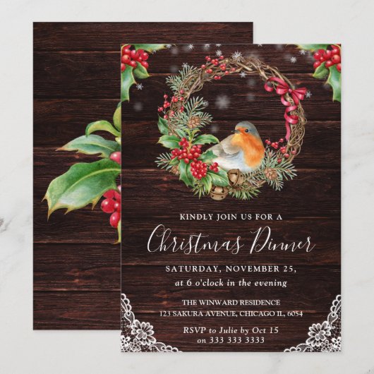 Rustieke Robin en Hulst Krans Kerstmis Kaart (Voorkant / Achterkant)