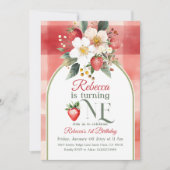 Rustieke rode aardbeienbes eerste 1e verjaardag kaart (Voorkant)