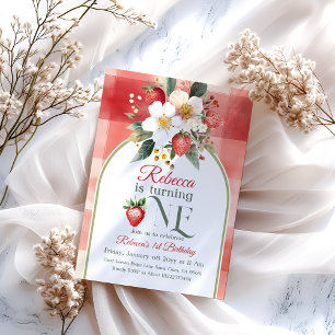 Rustieke rode aardbeienbes eerste 1e verjaardag kaart