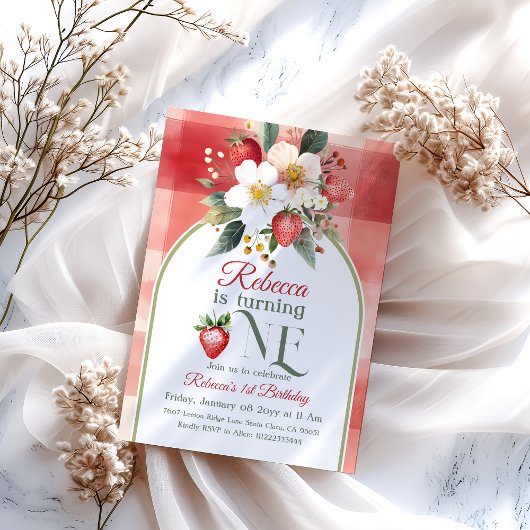 Rustieke rode aardbeienbes eerste 1e verjaardag kaart