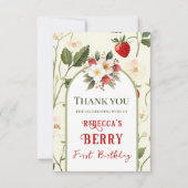Rustieke rode aardbeienbes eerste verjaardag bedankkaart (Voorkant)