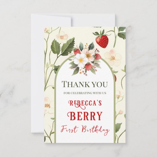 Rustieke rode aardbeienbes eerste verjaardag bedankkaart (Voorkant)