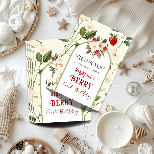 Rustieke rode aardbeienbes eerste verjaardag bedankkaart