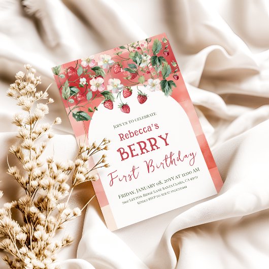 Rustieke rode aardbeienbes eerste verjaardag kaart