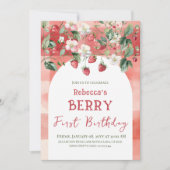 Rustieke rode aardbeienbes eerste verjaardag kaart (Voorkant)