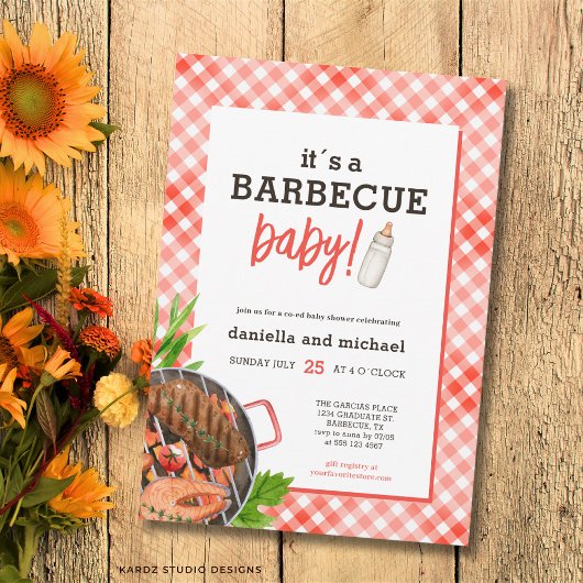 Rustieke rode barbecue baby shower kaart