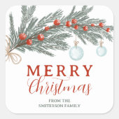 Rustieke Rode Berry Evergreen Branch Vrolijk Kerst Vierkante Sticker (Voorkant)