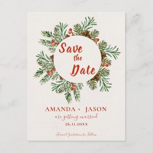 Rustieke rode bessen kerst bruiloft Save the Date Briefkaart (Voorkant)