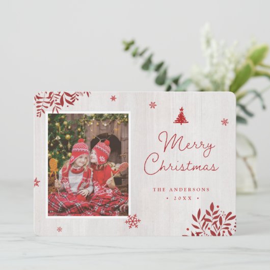 Rustieke rode bladeren aangepaste foto kerst Kaart (Staand voorkant)