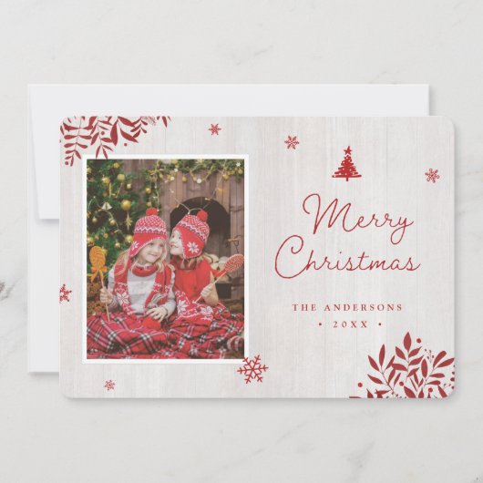 Rustieke rode bladeren aangepaste foto kerst Kaart (Voorkant)