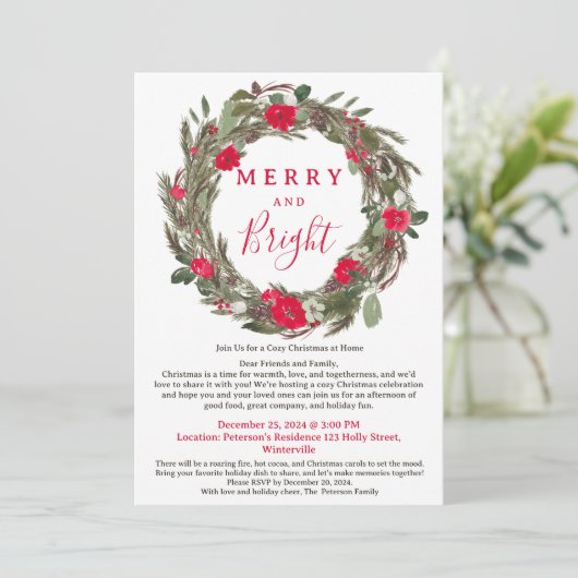 Rustieke Rode Bloemen Krans Gezellige Kerst Bijeen Kaart (Staand voorkant)