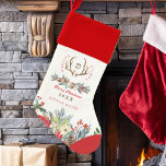 Rustieke rode bloemen monogram en naam gepersonali kerstsok<br><div class="desc">Rustieke elegante hertengewei en waterverf seizoensgebonden bloemenmonogram familie gepersonaliseerde vrolijke kerst feestelijke traditionele kous met volledig bewerkbare tekst.             Gemakkelijk aan te passen met uw familienaam,  initiaal,  jaartal en de voornaam van personen.</div>