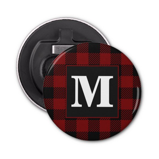 Rustieke Rode Buffel Plaid Boerderij Monogram Button Flesopener (Voorkant)
