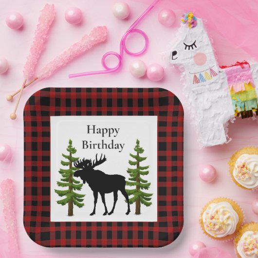 Rustieke Rode Buffel Plaid met Moose verjaardag Papieren Bordje (Feest)