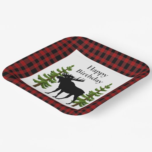 Rustieke Rode Buffel Plaid met Moose verjaardag Papieren Bordje (Gebogen)