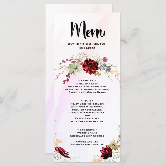 Rustieke rode elegante bloemen menu (Voorkant / Achterkant)