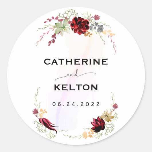 Rustieke rode elegante bloemen uitnodiging ronde sticker (Voorkant)