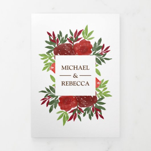 Rustieke rode en groene bladeren Fotobruiloft Drieluik Uitnodiging (Cover)