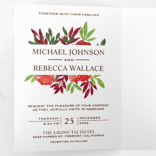 Rustieke rode en groene bladeren Fotobruiloft Drieluik Uitnodiging (Binnenzijde eerst)