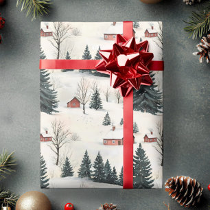 Rustieke rode en witte besneeuwde dorp cadeaupapier