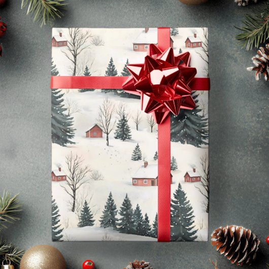 Rustieke rode en witte besneeuwde dorp cadeaupapier