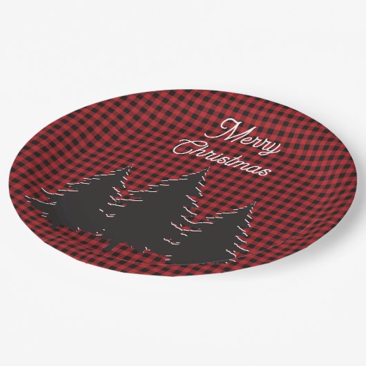 Rustieke rode en zwarte buffel geplakte kerstbomen papieren bordje (Gekanteld)