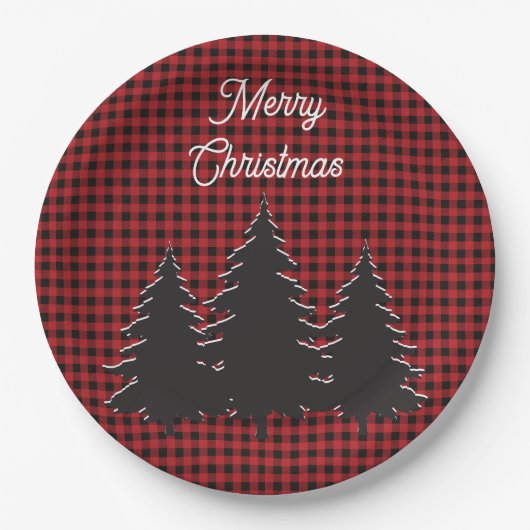 Rustieke rode en zwarte buffel geplakte kerstbomen papieren bordje (Voorkant)