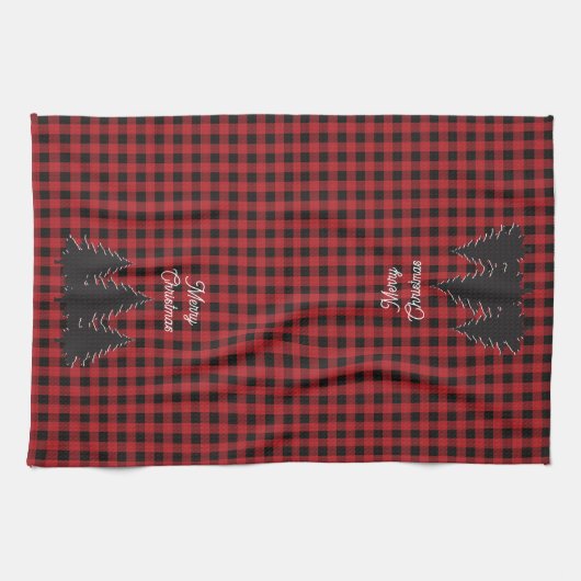 Rustieke rode en zwarte buffel geplakte kerstbomen theedoek (Horizontaal)