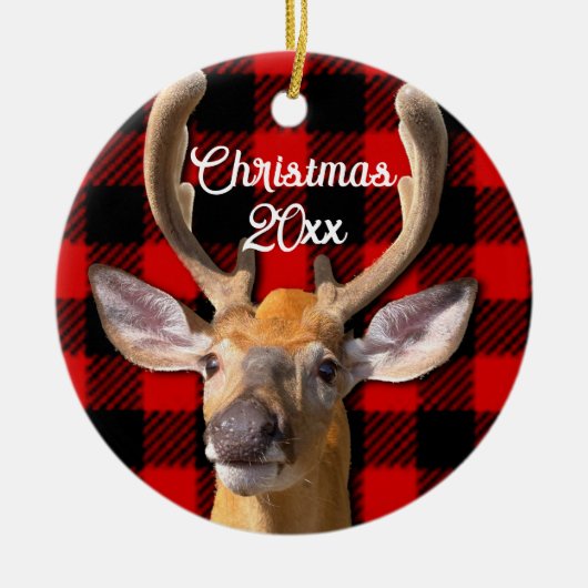 Rustieke rode en zwarte plaid - Herten Keramisch Ornament (Voorkant)