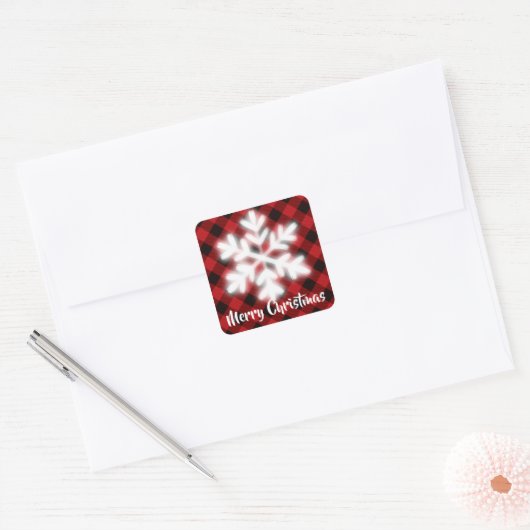 Rustieke rode en zwarte plaid - sneeuwvlok vierkante sticker (Envelop)