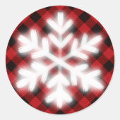 Rustieke rode en zwarte plaid, winter sneeuwvlok ronde sticker (Voorkant)