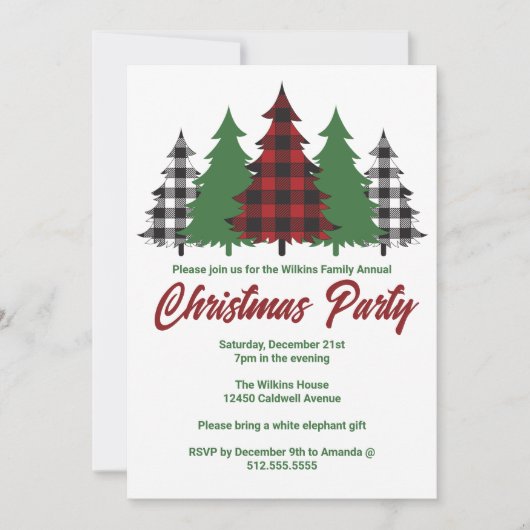 Rustieke rode geplakte groene bomen kerstfeest kaart (Voorkant)