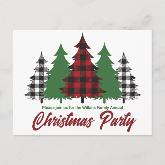 Rustieke rode geplakte groene bomen kerstfeest uitnodiging briefkaart (Voorkant)