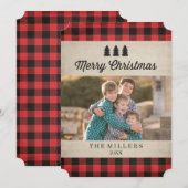 Rustieke rode geplakte kerstfotokaart feestdagenkaart (Voorkant / Achterkant)