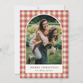 Rustieke rode Gingham boog foto moderne kerst Feestdagenkaart (Voorkant)