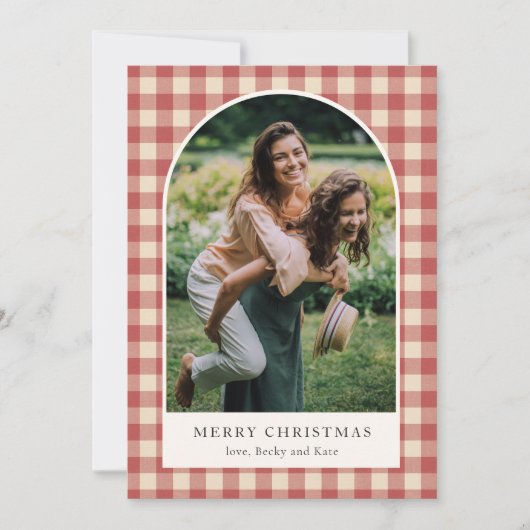 Rustieke rode Gingham boog foto moderne kerst Feestdagenkaart (Voorkant)
