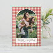 Rustieke rode Gingham boog foto moderne kerst Feestdagenkaart (Staand voorkant)