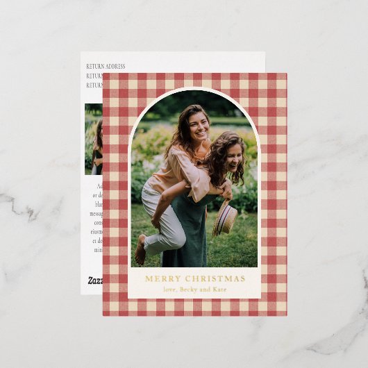 Rustieke rode Gingham boog foto moderne kerst Folie Feestdagen Briefkaart (Voorkant / Achterkant)