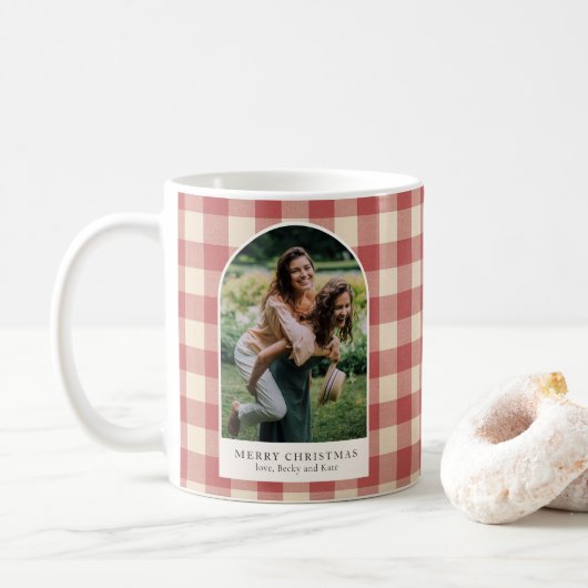 Rustieke rode Gingham boog foto moderne kerst Koffiemok (Met donut)